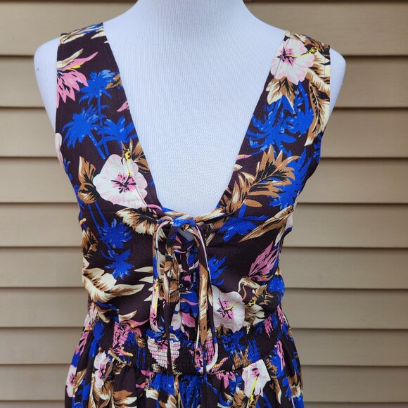 Everly Dark Purple Midi Dress Multicolor Floral Print Open-Back Lace-Up Neck - Picture 4 of 13